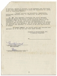 Two May 1959 Contracts Signed by Moe Howard -- One 12pp. Signed Twice by Moe & Initialed Several Times; Other 1pp. Regarding Joe DeRita's Likeness Signed Once -- Each Measures 8.5'' x 11'', Very Good